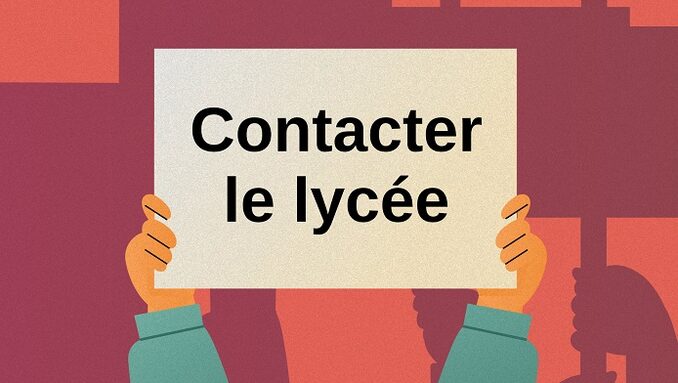 Dessin de deux bras brandissant une pancarte « Contacter le lycée »